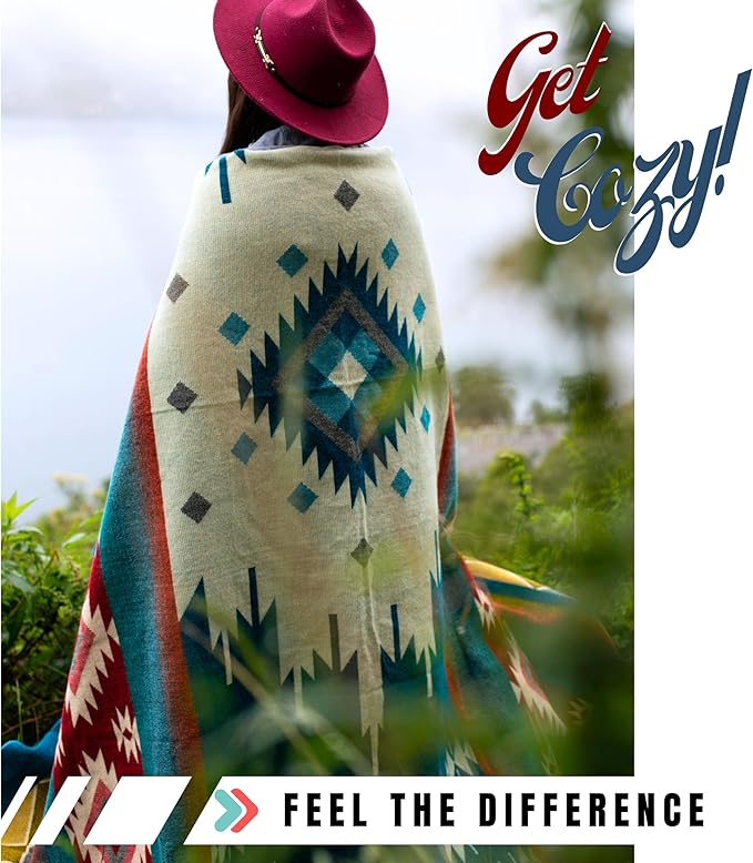 Alpaca Wool Throw Blanket, Native Design Wool Blanket, Throw Aztec Pattern Alpaca Wool Throw Blanket (Turquoise, Throw 78"x48")