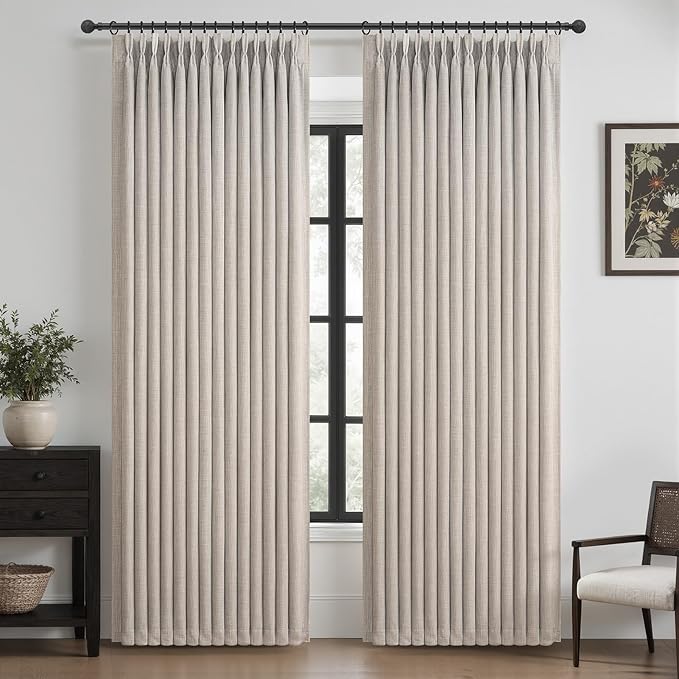 Pinch Pleated Blackout Greyish Beige Curtains 90 Inches Long 2 Panels Set for Sliding Glass Doors, Memory Trained Dual Layer Linen Soundproof Heat Blocking Taupe Rustic Windows Drapes for Living Room