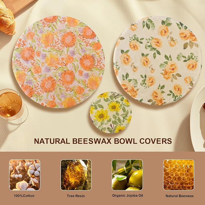 Reusable Bowl Covers for Bread Proofing - Beeswax Bowl Covers Reusable 3 Set, Cotton Blend Stretch Design, Fits 4-13 Inch Bowls, Shower Caps for Sourdough Bread, Dough Proofing & Food Storage（Flower）