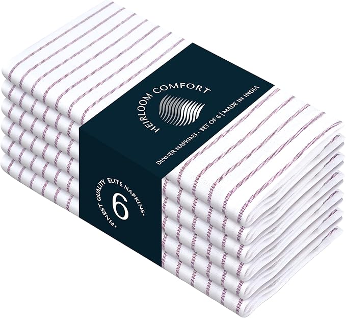Burgundy Wine Stripe Cloth Dinner Napkins Set of 6, 18x18 Inch, 100% Cotton, Absorbent, Classic Striped Table Napkin for Wedding Receptions, Reusable for Everyday Table Use