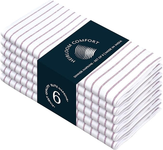 Burgundy Wine Stripe Cloth Dinner Napkins Set of 6, 18x18 Inch, 100% Cotton, Absorbent, Classic Striped Table Napkin for Wedding Receptions, Reusable for Everyday Table Use