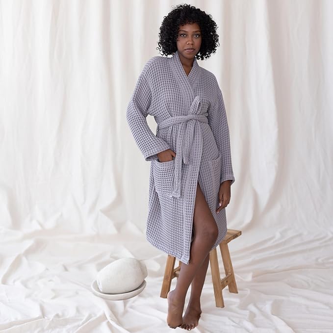 Womens Kimono Waffle Robe - Lightweight 100% Turkish Cotton Housecoat for All-Day Lounging - Bathrobe for Shower