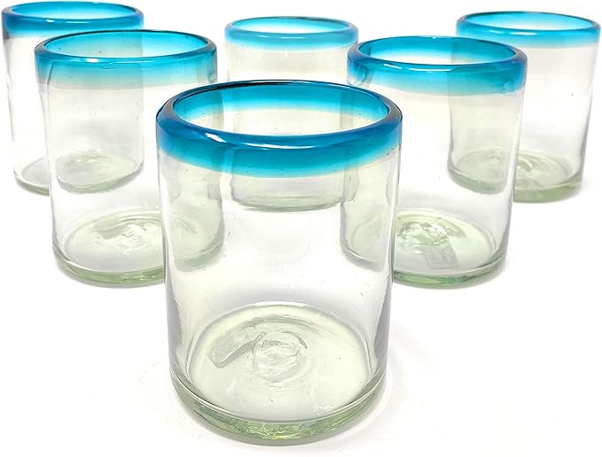 Dos Sueños Hand Blown Mexican Drinking Glasses - Set of 6 Tumbler Glasses with Aqua Blue Rims (10 oz each)
