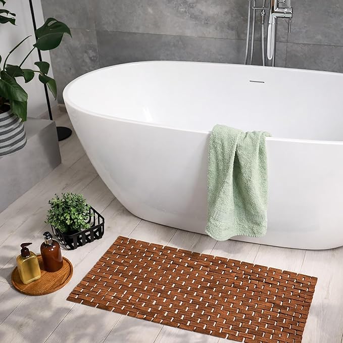 EVIDECO French Home Goods Rectangular Natural Bamboo Bathroom Mat - Non Slip Bath Mat - Perfect for Shower, Spa, Sauna and Bathroom Decor - Foldable Duckboard, 16 x 40 inches, Brown
