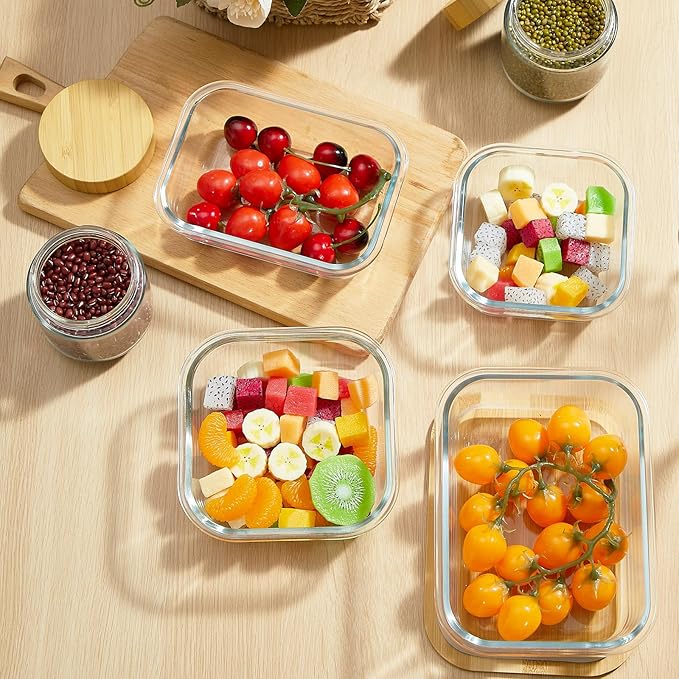 Suclain 12 Pcs Airtight Glass Food Storage Containers with Bamboo Lids Set Including 4 Pieces Meal Prep Glass Containers Lunch Bento Boxes and 8 Pieces Overnight Oats Jars Snack Storage Salad Jars