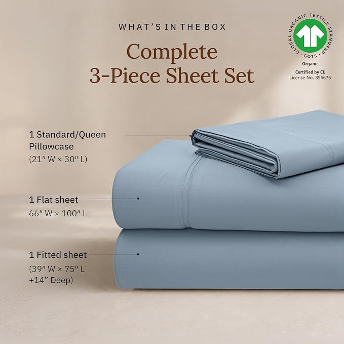 California Design Den 100% Organic Cotton Bed Sheets Twin Size Set - Soft and Lightweight Sateen, Deep Pocket Sheet Sets Twin Size Bed, Durable Bedding - Pastel Blue