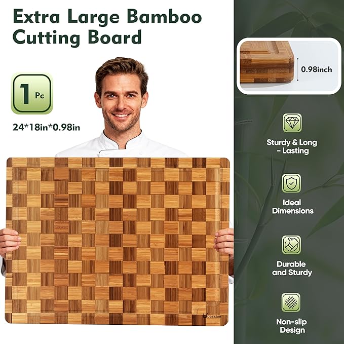 XXXLarge Bamboo Cutting Boards Charcuterie Board Best Non Toxic Large Butcher Block Heavy Duty Book Checkered Wood Cutting Boards for Kitchen Solid End Grain Wood Chopping Board