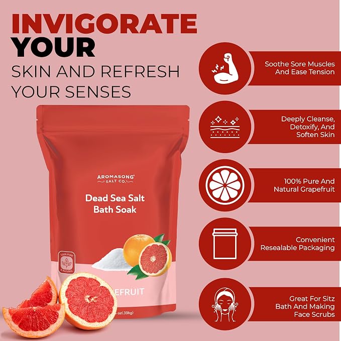 Aromasong Dead Sea Salt - Fine Grain Spa Salt Grapefruit Scent 14 Oz – 7 Uses Per Pack - Pure & Natural - Used for Body wash Scrub - Soak for Women & Men for Skin Issues and to Relax Tired Muscles