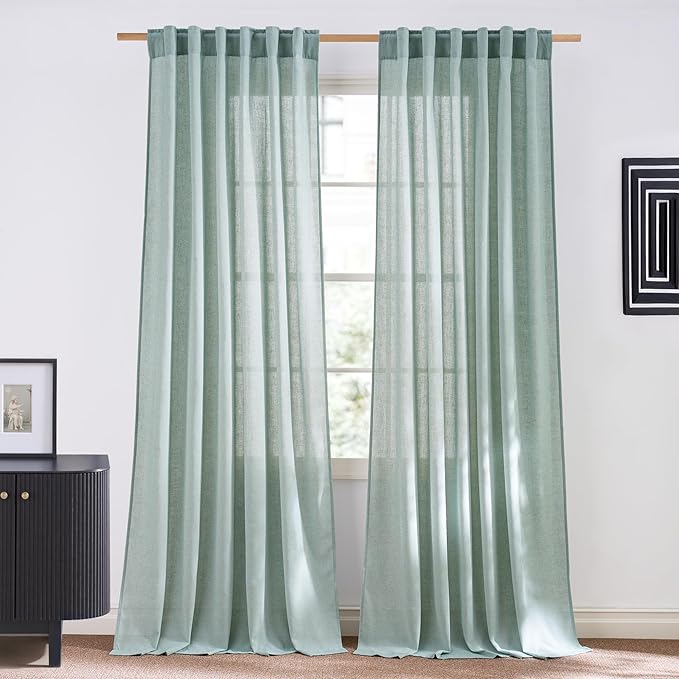 NICETOWN Semi Sheer Sage Green Curtains 84 inch Length, Rod Pocket & Back Tab Light Filtering Semi Sheer Window Treatments Privacy Added Drapes for Living Room, W55 x L84, 2 Panels