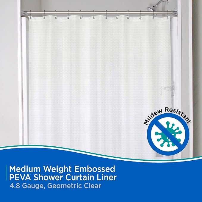 Kenney KN61151 Medium Weight 5 Gauge Embossed Waterproof PEVA Shower Curtain Liner with Rust-Resistant Metal Grommets for Bathroom, 70" W x 72" H, Clear