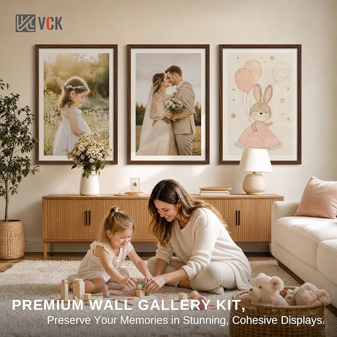VCK 24x36 Poster Frame 3 Pack - Brown Solid Wood, Exclusive Wood Grain Picture Frames, Wall Hanging