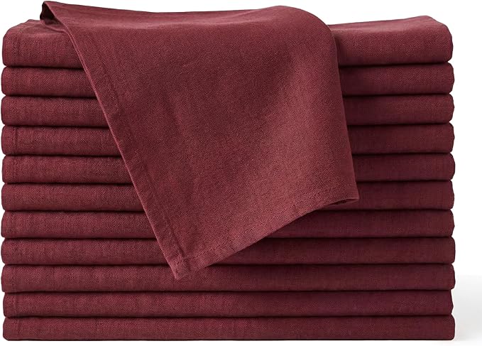 Cloth Napkins Set of 12, 100% Cotton Fabric Reusable Dinner Napkins, 18 x 18 Inch Washable Table & Kitchen Napkins for Everyday Dining, Entertaining, Home & Restaurant Use, Burgundy