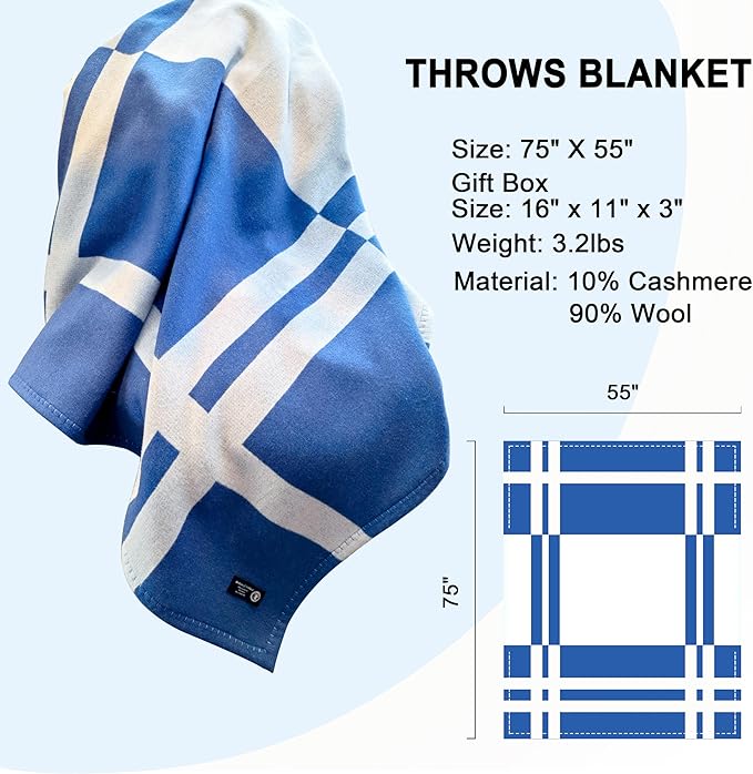 Wool Blanket & Throws 90% Wool Warm Blanket Soft Couch Blankets 75"x55" Twin Throw Blankets for Living Room, Camping, Outdoors, or Car Travel with Exquisite Box for Gift (Blue)