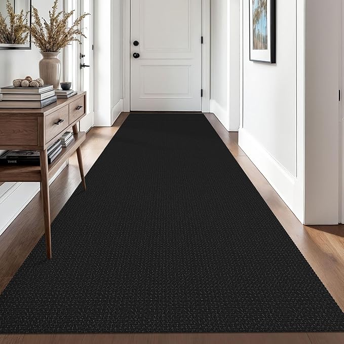 EARTHALL Woven Runner Rug 3x10 Ft Washable Runners for Hallways Long Non Slip Rubber Backed Kitchen Runner Braided Indoor Floor Carpet Runners for Entryway, Hallway, Kitchen, Black/Grey