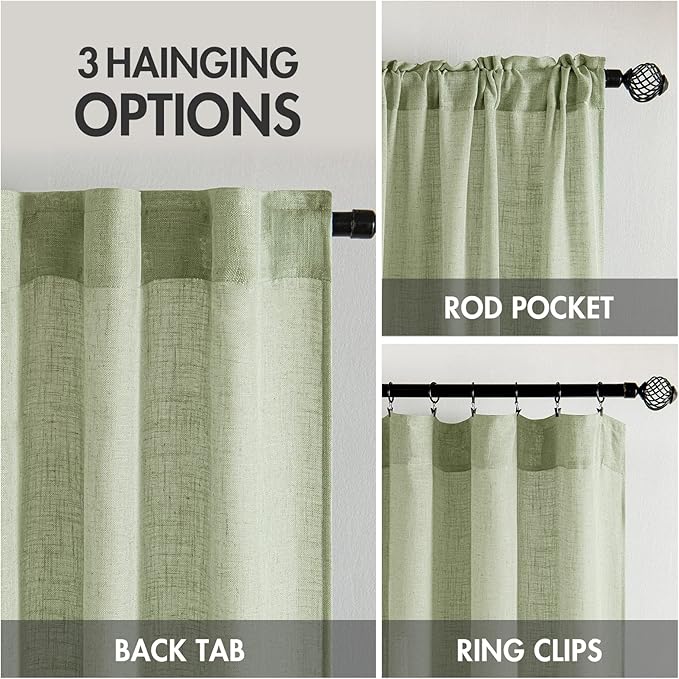 MIULEE Sage Green Linen Curtains 63 Inch Length 2 Panels for Bedroom Living Room, Soft Thick Linen Textured Window Drapes Semi Sheer Light Filtering Back Tab Rod Pocket Burlap Look Decor
