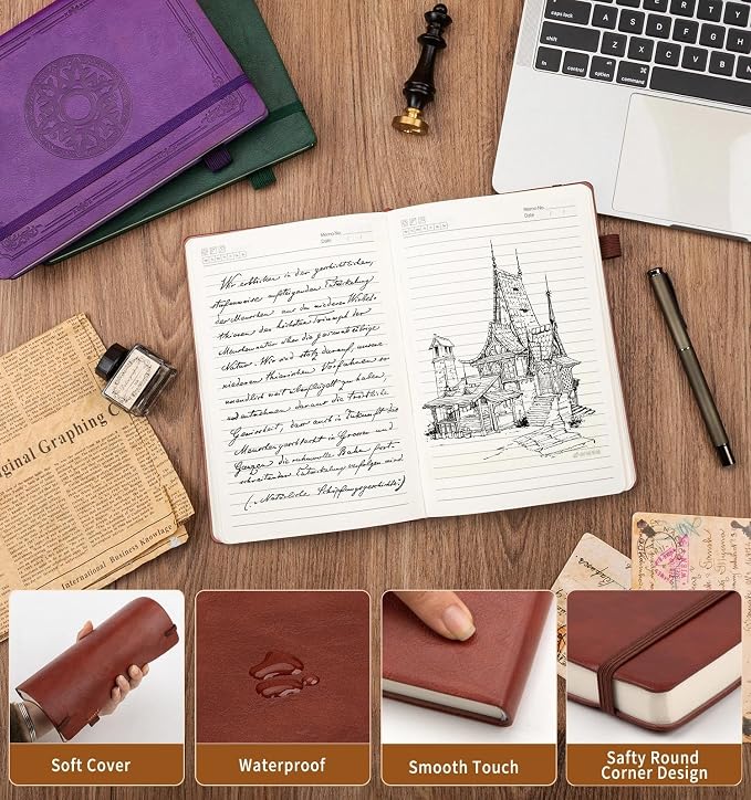 Lined Journal Notebook, A5 Leather Vintage Journals for Writing, 288 Pages College Ruled Notepad for Women Men, Vegan Leather Daily Notebook for Work, School, Travel, Note Taking(Celtic Star, Brown)