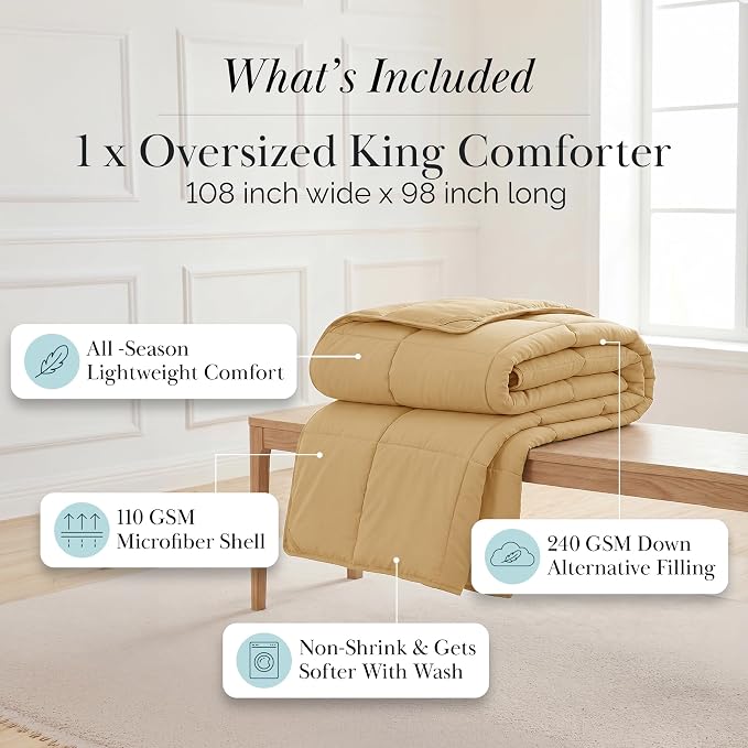 Southshore Fine Living, Inc. Oversized King Comforter for Guest Room, Pet Hair Resistant Bedding Comforters, Cal King Down Alternative Comforter Only, Fluffy All-Season Comforters, Gold Bedding
