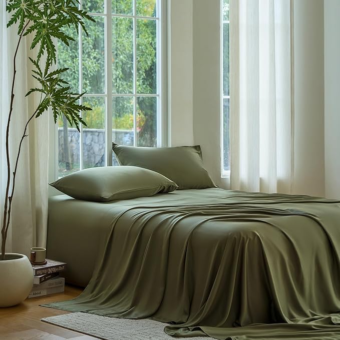 DOZ Sheet Set, 100% Viscose derived from Bamboo, Organically Grown, Buttery Soft, Cooling Sheets, High GSM, Deep Pockets - 2 Piece - 1 Pillowcase 1 Fitted Sheet (Olive, Twin)