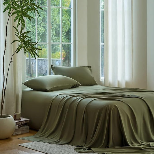 DOZ Sheet Set, 100% Viscose derived from Bamboo, Organically Grown, Buttery Soft, Cooling Sheets, High GSM, Deep Pockets - 2 Piece - 1 Pillowcase 1 Fitted Sheet (Olive, Twin XL)