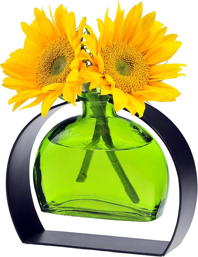 Couronne Co. Fiji Recycled Glass Flower Vase with Arched Metal Stand, Removable Vessel for Floral Arrangements, Decorative Table Centerpiece for Home, Kitchen & Desk Decor, 6 oz, Lime Green