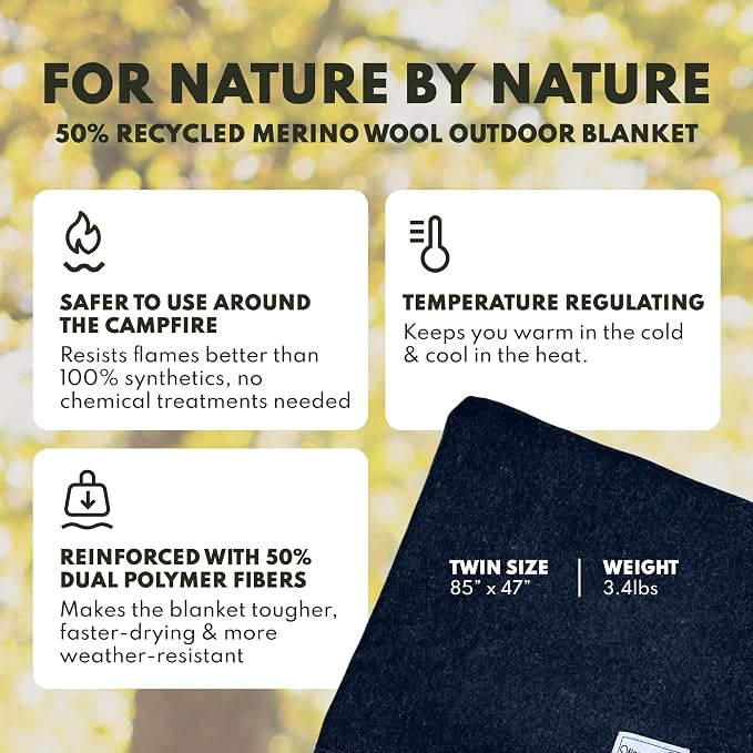 Woolly Mammoth Woolen Company Merino Wool Blanket - 50% Wool - Machine Washable Throw - Thermal Insulation for Camping & Survival Gear - Travel Blanket for Camper Vans & Car Kit (85" x 47" Juniper)