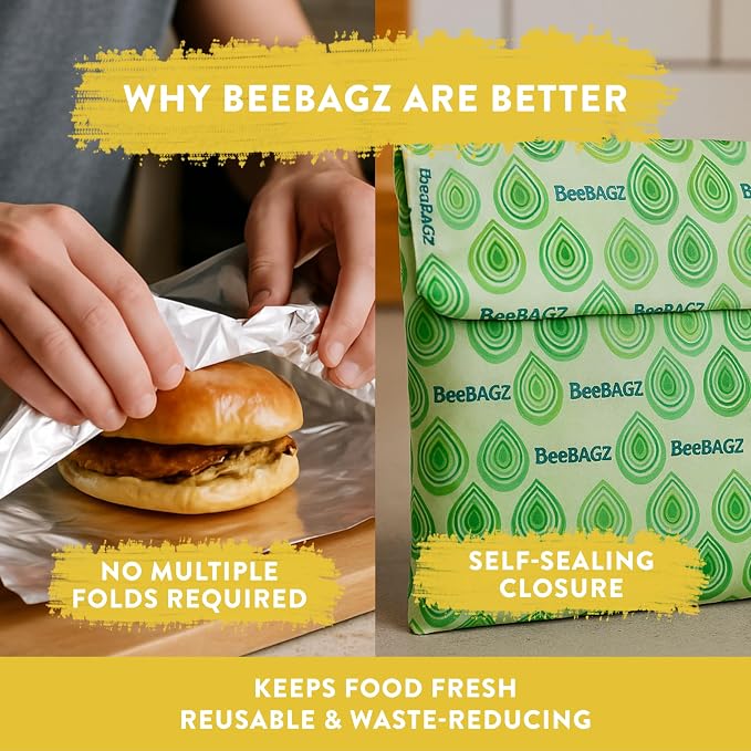 BeeBAGZ - Beeswax Wrap Storage Bag, Reusable Food Storage Bags, Pack of 3, Plastic Free Biodegradable Food Wrap Alternative, Starter Pack, 1 Small + 1 Medium + 1 Large, (Green)