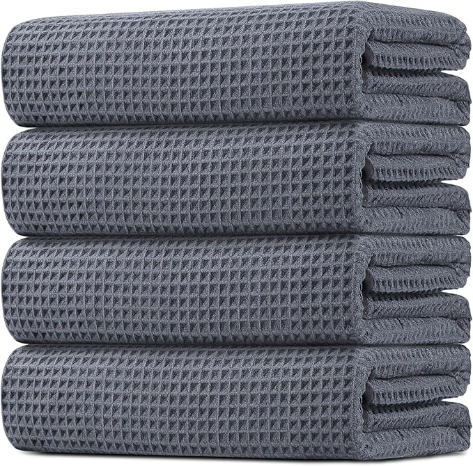HOMEXCEL Waffle Bath Towels Set 4 Pack, Premium Microfiber Bathroom Towels, Ultra Soft, Lightweight, Highly Absorbent and Quick Dry Towel for Bathroom, Gym, Shower, Hotel, and Spa, 30 x 60 Inch, Grey
