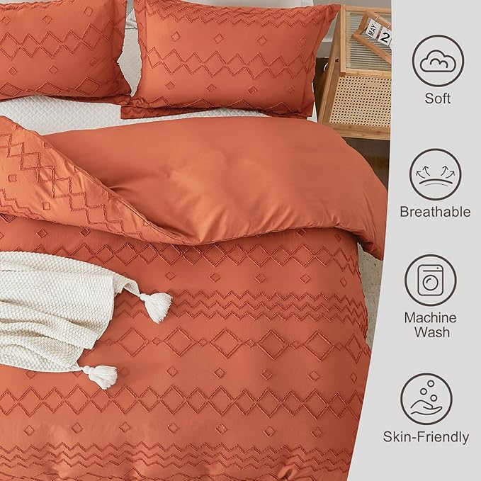 EMME Boho Duvet Cover Twin Size - 2 Pieces Embroidery Shabby Chic Bedding, Tufted Comforter Cover for All Seasons, 1 Duvet Cover + 1 Pillowcase (Pumpkin, Twin)