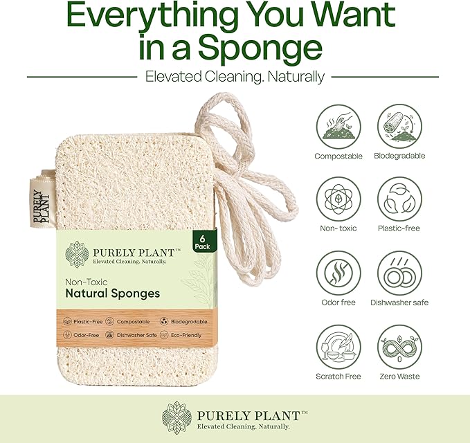 Purely Plant Loofah Dish Sponge 6 Pack–Non Toxic, 100% Plastic Free, Compostable & Biodegradable Premium Kitchen Scrubber, Plant Based, Non-Scratch Scouring Pad for Sink, Tile & Grout Cleaning Luffa