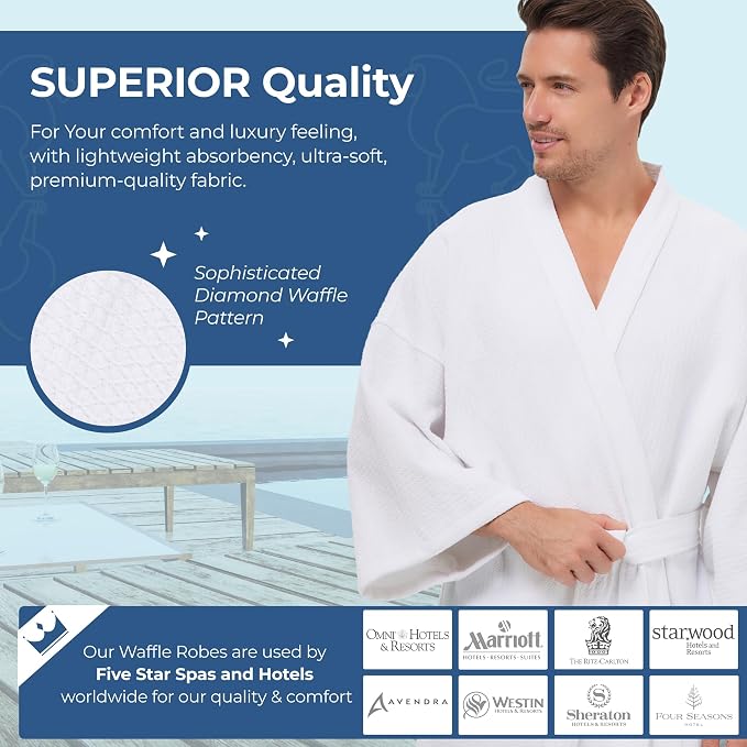 MONARCH Unisex Diamond Waffle Spa Kimono Robe – Soft Lightweight Fabric, Generously Sized Hotel & Spa Robe with Pockets