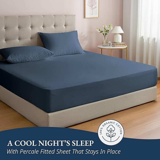 LANE LINEN 100% Organic Cotton Fitted Sheet Twin Size Set (No Flat Sheet) - Soft & Breathable Percale Weave Fitted Sheet Set - 15'' Deep Pocket For Snug Fit - GOTS Certified - Navy
