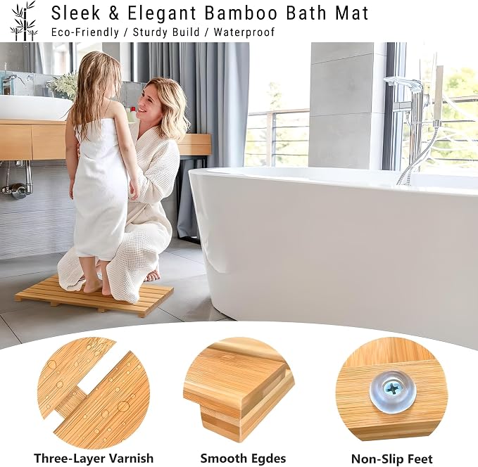 Luxury Bamboo Bath Mat - Waterproof Wood Shower Mat with Non-Slip Feet - Sturdy Bathroom Mat for Inside and Outdoor Use - Bathroom Decor Essentials Multifunctional Design for All Occasions