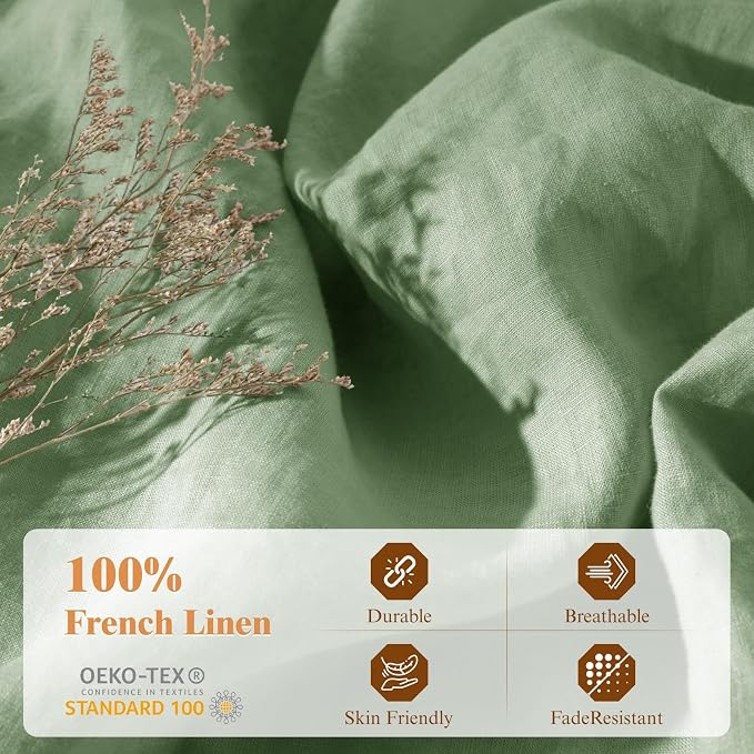 LBRO2M 100% France Linen Duvet Cover Set 3 Pcs Including 1 Flax Comforter Cover with Zipper Closure, 2 Pillowcase, Cozy Duvet Cover Queen Size Green