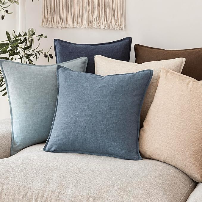 Foindtower Set of 2, Decorative Linen Soild Throw Pillow Covers Soft Accent Cushion Euro Case Boho Farmhouse Pillowcase for Chair Couch Sofa Bedroom Living Room Home Decor 20 x 20 Inch Misty Blue