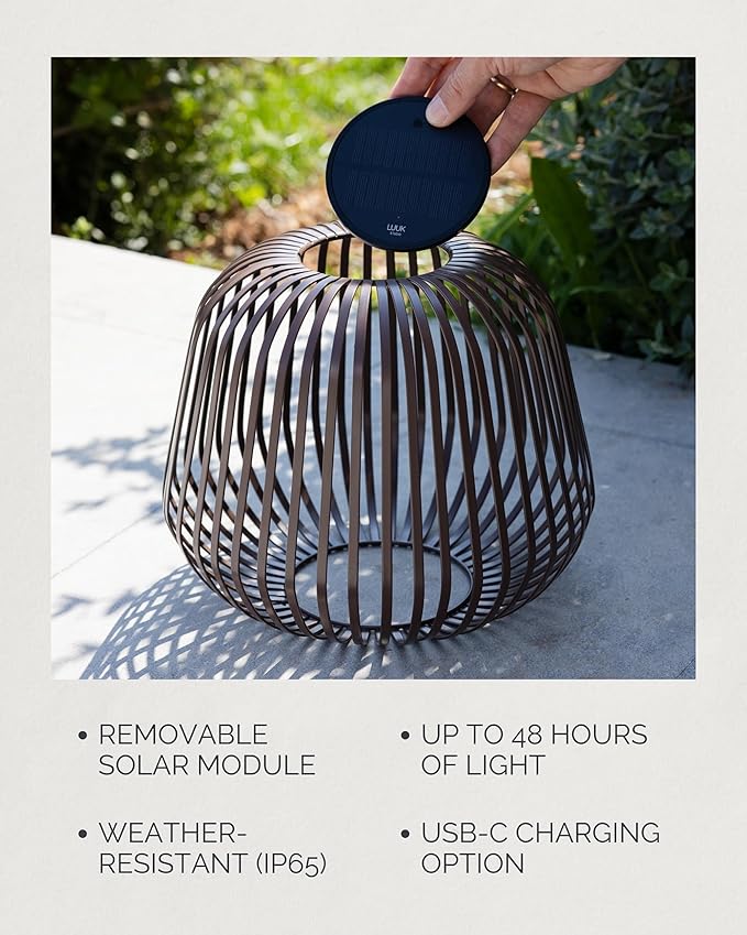 LUUK Studio Solis Wireless Solar LED Ambient Table Light, Warm White, 3 Dimmable Levels, Indoor & Outdoor, Solar & USB-C Rechargeable, Living Room, Bedside, Organic Contemporary, Walnut Brown, Size M