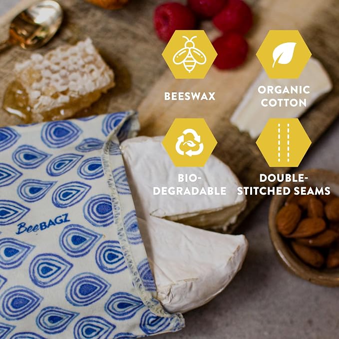 BeeBAGZ - Beeswax Wrap Storage Bag, Vegan Reusable Food Storage Bags, Pack of 2, Plastic Free Biodegradable Food Wrap Alternative, Snack Pack, 1 Small + 1 Medium, (Multicolors)