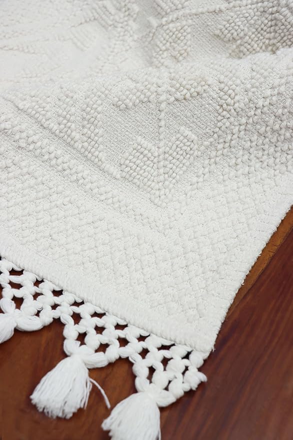 COTTON CRAFT Woven Area Rug - 2 Pack Cotton Jacquard Textured Rug - Boho Farmhouse Rustic Throw Rug with Fringe - Machine Washable Accent Mat for Bedroom Living Room Entryway Nursery - 20x32 - White