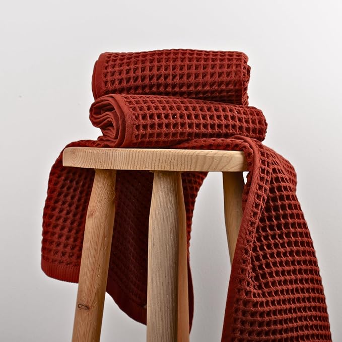 PÜSKÜL - Set of 3 Organic Waffle Hand Towel Red Brick - Premium Quality, 100% Turkish Cotton, Soft, Quick-Dry, Absorbent, Lint-Free Face Kitchen Hand Towels (Brick, Hand Towels - Pack of 3)