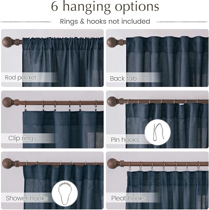 NICETOWN Thick Linen Semi Sheer Navy Blue Curtains for Living Room, Pleat Tape Semi Sheer Privacy Added with Light Filtering Window Treatments for Farmhouse/Bedroom, W52 x L95, 2 Panels