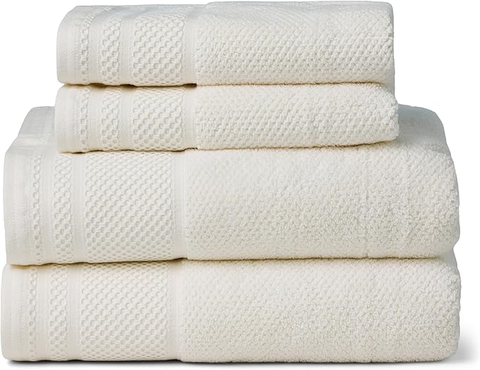 Texere 100% Organic Cotton Rice Weave Jacquard 700 GSM Luxury Bath Towel Sets - Ultra Soft and Absorbent Hotel and Spa Quality (Rice Weave, Cream, 2 Bath & 2 Hand Towels)