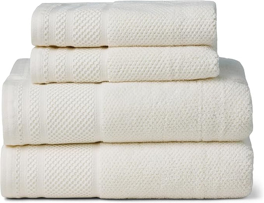 Texere 100% Organic Cotton Rice Weave Jacquard 700 GSM Luxury Bath Towel Sets - Ultra Soft and Absorbent Hotel and Spa Quality (Rice Weave, Cream, 2 Bath & 2 Hand Towels)
