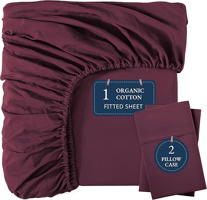 LANE LINEN Queen Fitted Sheet & Pillowcases Set (No Flat Sheet) - 100% Organic Cotton Soft & Breathable Percale Weave Fitted Sheet Set - GOTS Certified - 15'' Deep Pocket - Windsor Wine