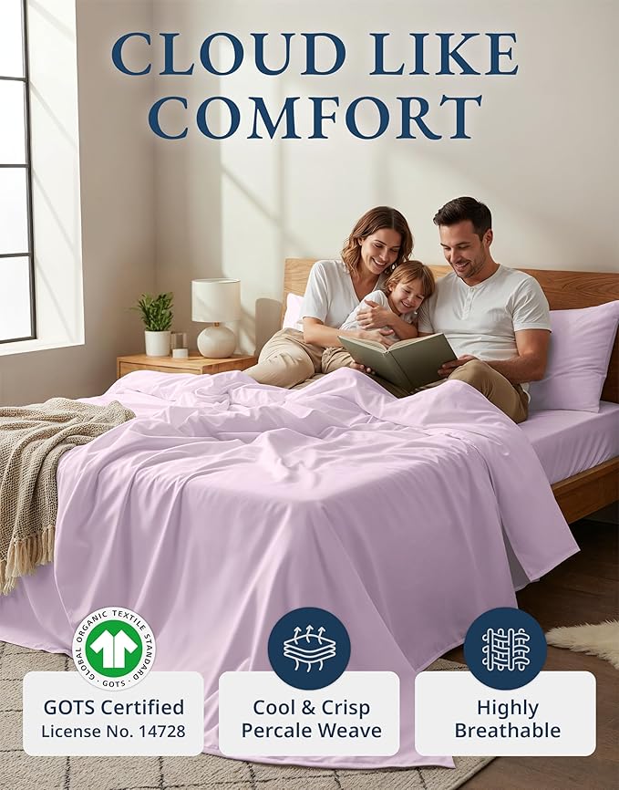 LANE LINEN 100% Organic Cotton Fully Elasticized King Sheet Set, Low Pilling Fade Resistant Machine Washable Naturally Cooling King Bedding Set, Soft & Comfy Cotton Sheets - Orchid Petal