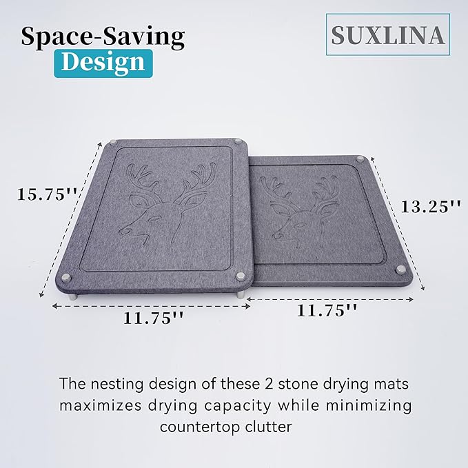 Nested Dish Drying Stone Mat | 2 Pcs Diatomaceous Earth Stone Drying Mats for Kitchen Counter with Non-Slip Feet | Collapsible Large Drying Stone for Dishes - Dark Gray