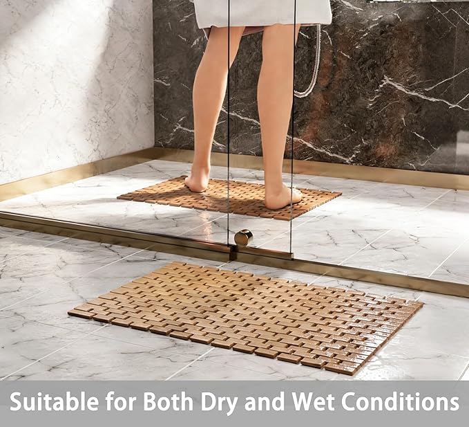 23.62"x 15.75" Teak Wood Bath Mat, Foldable Non-Slip Shower Mat for Bathroom, Quick-Dry Floor Mat for Bathtub, Spa, Sauna, Outdoor