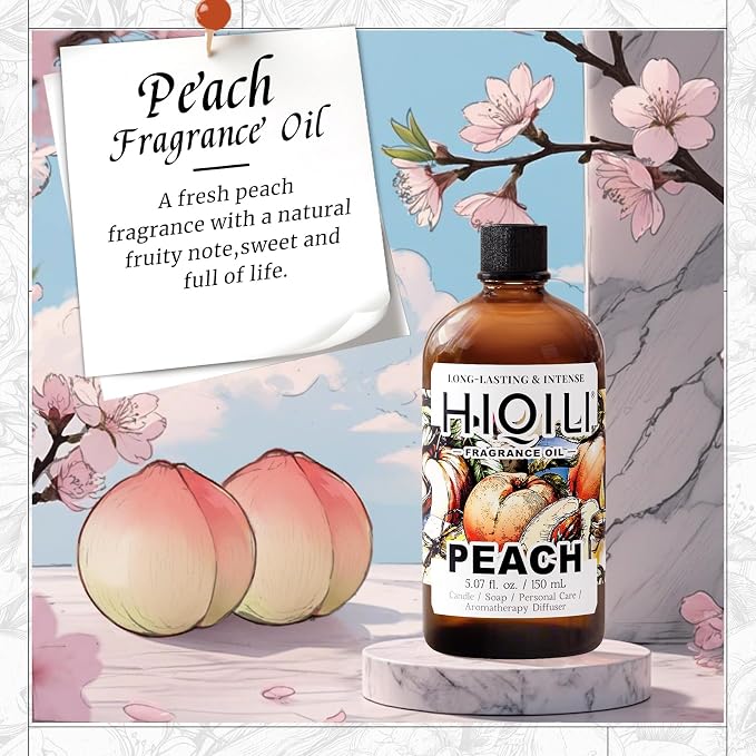 HIQILI Peach Fragrance Oil for Home Diffuser, Body Spray - 5.07 Fl Oz | DIY Candle, Linen & Room Freshener Spray Making, Long-Lasting Scent Juicy Fruit Scent, Pet Safe, Graduated Dropper Included