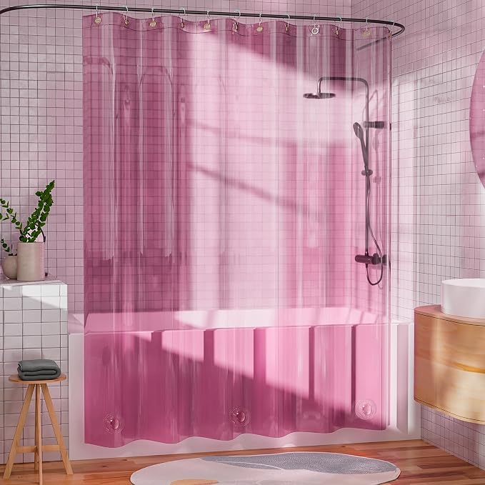 AmazerBath Pink Clear Shower Curtain Liner for Valentines, 100% EVA Soft Heavy Duty Shower Curtain and Liner 2-in-1, 72x72 Luxury Plastic Weighted Shower Liner Bathroom