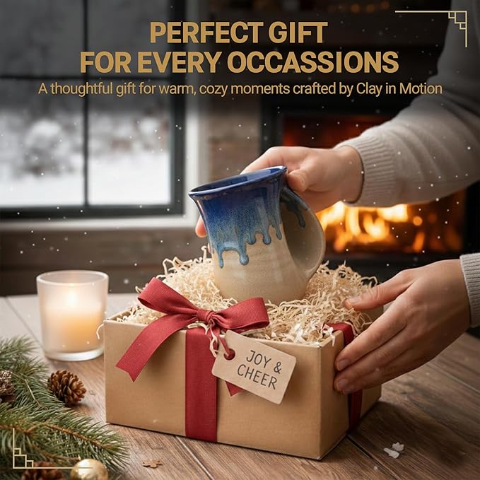 Clay in Motion Hand Warmer Coffee Mug – Handmade Coffee Mug With Comfortable Handle Contoured Pocket Hand Warming Ceramic Coffee Mug – Proudly Made in USA – Right Handed – 14 Oz - Cobalt Canyon