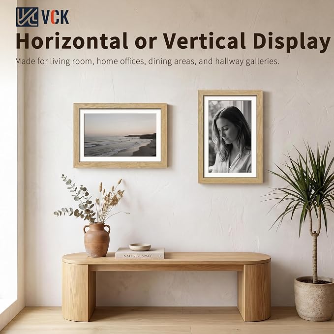 VCK 11x17 Picture Frames Natural - 3 Pack, Wide Border Solid Wood, Tempered Glass, Display 9x15 Photo with Mat or 11 x 17 Without, for Home, Office, Gallery, Woodgrain Series, Wall Hanging