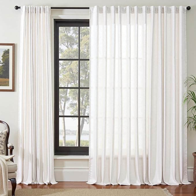 jinchan Extra Wide Sliding Door Curtain 84 Inch Length White Linen Curtains Semi Sheer Drapes for Patio Door Living Room Bedroom Home Office Light Filtering Drapes 100 Inches Wide 1 Panel